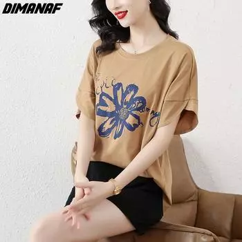 DIMANAF 2024 новая летняя женская футболка футболки винтажные свободные повседневные топы с короткими рукавами и цветочным принтом с круглым вырезом хлопковая рубашка