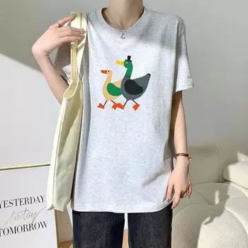 Dimanaf 2024 Новая летняя женская футболка из хлопка с коротким рукавом с буквенным принтом и рисунком из мультфильма Свободные базовые повседневные топы с круглым вырезом Футболка New Big 2