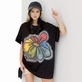 DIMANAF 2024 Новая летняя женская футболка из хлопка с коротким рукавом с буквенным принтом, свободные базовые повседневные топы с круглым вырезом, новая большая футболка