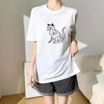 Dimanaf 2024 Новая летняя женская футболка из хлопка с коротким рукавом с буквенным принтом и рисунком из мультфильма, свободные базовые повседневные топы с круглым вырезом, футболка, новинка 6