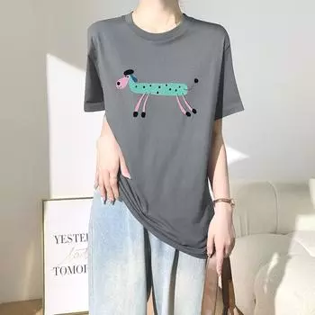 Dimanaf 2024 Новая летняя женская футболка из хлопка с коротким рукавом с буквенным принтом и рисунком из мультфильма, свободные базовые повседневные топы с круглым вырезом, футболка, новинка 16