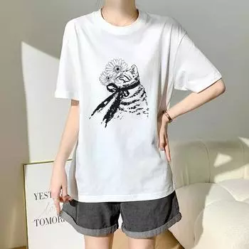 Dimanaf 2024 Новая летняя женская футболка из хлопка с коротким рукавом с буквенным принтом и рисунком, свободные базовые повседневные топы с круглым вырезом, футболка, новинка 28