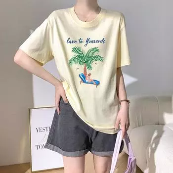 Dimanaf 2024 Новая летняя женская футболка из хлопка с коротким рукавом с буквенным принтом и рисунком из мультфильма, свободные базовые повседневные топы с круглым вырезом, футболка, новинка 4