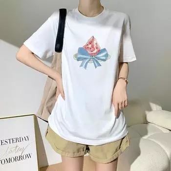 Dimanaf 2024 Новая летняя женская футболка из хлопка с коротким рукавом с буквенным принтом и рисунком из мультфильма, свободные базовые повседневные топы с круглым вырезом, футболка, новинка 36