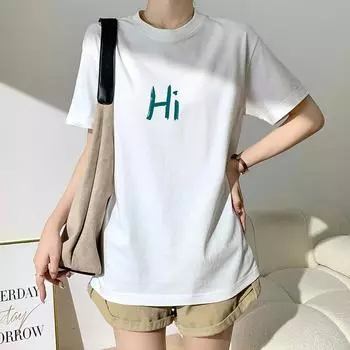 DIMANAF 2024 Новая летняя женская футболка из хлопка с коротким рукавом с буквенным принтом и мультяшным принтом Свободные базовые повседневные топы с круглым вырезом Футболка Новинка 42