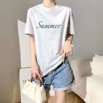 Dimanaf 2024 Новая летняя женская футболка из хлопка с коротким рукавом с буквенным принтом и рисунком из мультфильма Свободные базовые повседневные топы с круглым вырезом Футболка New Big 9