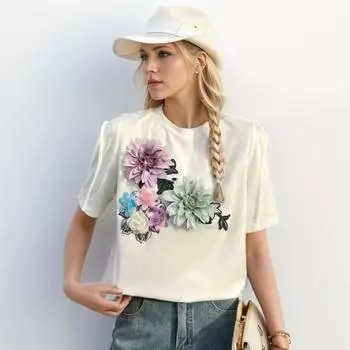 Dimanaf 2024 Новая летняя женская футболка из хлопка с коротким рукавом и цветочным принтом, базовая повседневная футболка с круглым вырезом