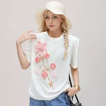 Dimanaf 2024 Новая летняя женская футболка из хлопка с коротким рукавом и цветочным узором, свободная базовая повседневная футболка с круглым вырезом