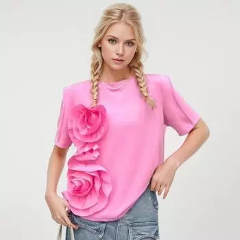 DIMANAF 2024 Новая летняя женская футболка из хлопка с коротким рукавом и цветочным узором Свободные базовые топы с круглым вырезом Футболка Новая L чёрный