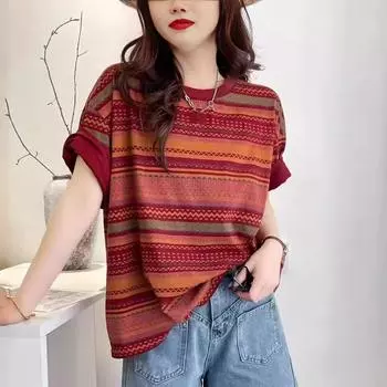 DIMANAF 2024 Новая летняя женская футболка с простым мультяшным коротким рукавом в полоску с вышитым принтом, свободная красная повседневная футболка с круглым вырезом, большие синие топы, новинка One Size