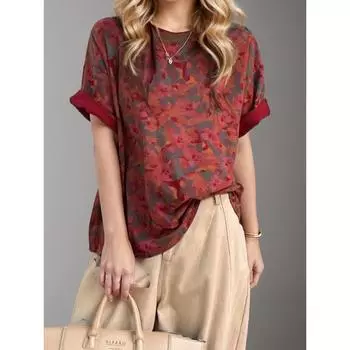 Dimanaf 2024 Новая летняя женская футболка с короткими рукавами и принтом в полоску, свободная красная повседневная футболка с круглым вырезом, большие синие топы, новая футболка