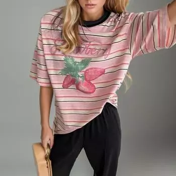 DIMANAF 2024 Новая летняя женская футболка с коротким рукавом и полосатым принтом, свободная повседневная футболка с большими топами и круглым вырезом, новинка