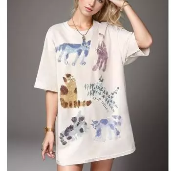 DIMANAF 2024 Новая летняя женская футболка с короткими рукавами и принтом, свободная повседневная футболка с круглым вырезом, большие топы, новинка