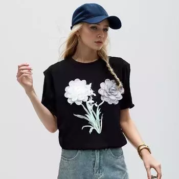 Dimanaf 2024 Новая летняя женская футболка с коротким рукавом из хлопка с цветочным узором, свободная базовая повседневная футболка с круглым вырезом