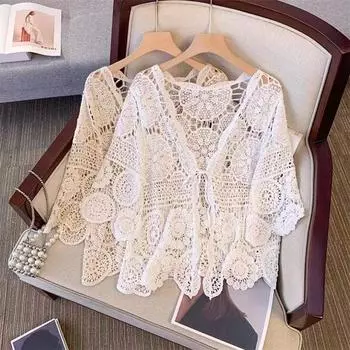 DIMANAF 2024 Новая летняя женская футболка с рукавами «летучая мышь», базовые модные топы, кружевные кардиганы, футболки, свободные белые футболки One Size бежевый