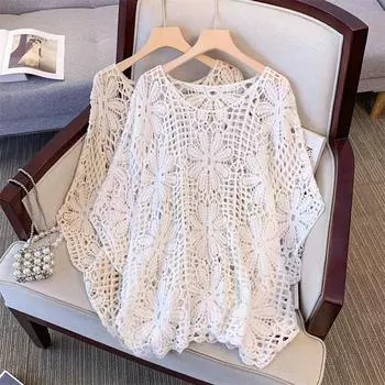 DIMANAF 2024 Новая летняя женская футболка с изображением летучей мыши без рукавов Базовые кружевные модные топы Кружевные футболки Повседневные свободные футболки One Size бежевый