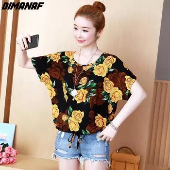 DIMANAF 2024, новая летняя женская футболка, шифоновые свободные повседневные рубашки с цветочным принтом и коротким рукавом, повседневные базовые топы с круглым вырезом