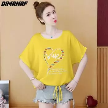 DIMANAF 2024 Новая летняя женская футболка, свободная повседневная рубашка из шифона с короткими рукавами, повседневные базовые топы с принтом и круглым вырезом