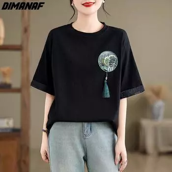 DIMANAF 2024, новая летняя женская футболка, винтажные свободные однотонные черные футболки с короткими рукавами и вышивкой, хлопковые топы с круглым вырезом, рубашка