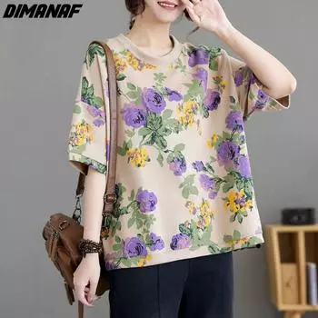 DIMANAF 2024, новая летняя женская футболка, винтажные свободные повседневные рубашки с цветочным принтом и круглым вырезом, повседневные топы с короткими рукавами