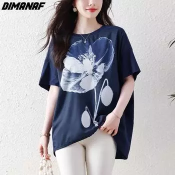 DIMANAF 2024, новая летняя женская футболка, винтажные свободные повседневные рубашки с коротким рукавом, повседневные базовые топы с цветочным принтом и круглым вырезом