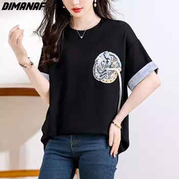 DIMANAF 2024, новая летняя женская футболка, винтажные свободные однотонные топы с короткими рукавами и круглым вырезом, повседневная рубашка