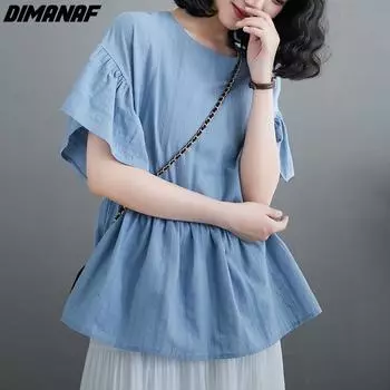 DIMANAF 2024 Новая летняя женская футболка, винтажные свободные однотонные с короткими рукавами футболки с круглым вырезом, хлопковые топы, рубашка
