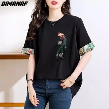 DIMANAF 2024, новая летняя женская футболка, винтажные свободные однотонные топы с короткими рукавами и круглым вырезом, повседневная рубашка с вышивкой M белый