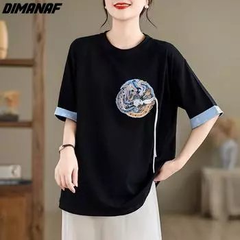 DIMANAF 2024, новая летняя женская футболка, винтажные свободные однотонные черные футболки с короткими рукавами и вышивкой, повседневные топы с круглым вырезом, рубашка