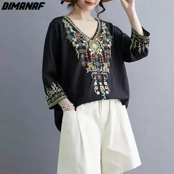 DIMANAF 2024, новая летняя женская футболка, винтажные свободные черные повседневные топы с короткими рукавами и вышивкой, рубашка с v-образным вырезом