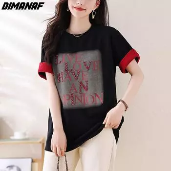 DIMANAF 2024, новая летняя женская футболка, винтажные свободные повседневные рубашки с круглым вырезом, повседневные базовые топы с короткими рукавами
