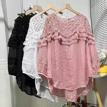 DIMANAF 2024, новая летняя женская кружевная футболка, базовая футболка с коротким рукавом, большие размеры, свободная повседневная футболка с круглым вырезом, большие топы, новинка One Size белый