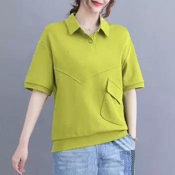 DIMANAF 2024 Новая летняя женская рубашка поло больших размеров, однотонная свободная хлопковая футболка с короткими рукавами, тонкие топы