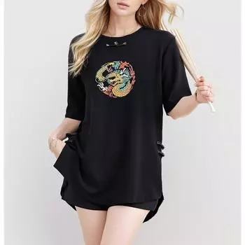 Dimanaf 2024 Новая летняя женская свободная футболка больших размеров с круглым вырезом, хлопковая рубашка с вышивкой, повседневные базовые топы с коротким рукавом