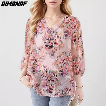 Dimanaf 2024 Новая летняя женская свободная футболка больших размеров с цветочным принтом, базовая элегантная рубашка с v-образным вырезом, шифоновые блузки, топы макси