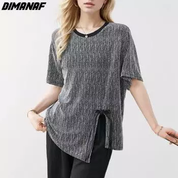 DIMANAF 2024 Новая летняя женская свободная футболка больших размеров, базовая элегантная рубашка с круглым вырезом, повседневные топы макси с коротким рукавом