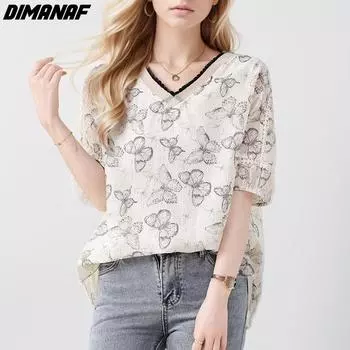 Dimanaf 2024 Новая летняя женская свободная футболка больших размеров с коротким рукавом, базовая элегантная рубашка с v-образным вырезом, блузки, макси-топы