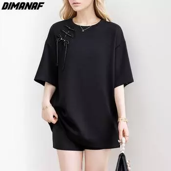Dimanaf 2024 Новая летняя женская свободная футболка больших размеров, базовая хлопковая однотонная рубашка с круглым вырезом, повседневные топы макси с коротким рукавом