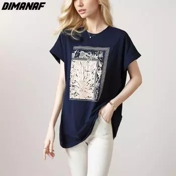 Dimanaf 2024 Новая летняя женская свободная футболка больших размеров, рубашка с хлопковым узором, повседневные базовые топы с круглым вырезом и коротким рукавом, 2024