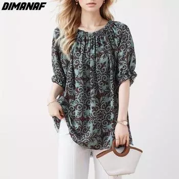 Dimanaf 2024 Новая летняя женская свободная футболка больших размеров, хлопковая рубашка с винтажным принтом, повседневные базовые топы, футболки с коротким рукавом