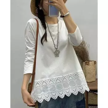 DIMANAF 2024 Новая осенняя футболка сшитая женская с рукавами тонкая базовая мода топы кружевные футболки повседневные белые футболки One Size белый