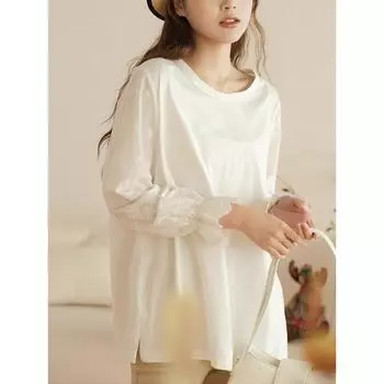 DIMANAF 2024 Новая осенняя футболка, женская кружевная базовая модная футболка с длинным рукавом, повседневные свободные белые футболки One Size белый