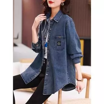 DIMANAF 2024 Новая осенняя женская блузка повседневная джинсовая синяя винтажная верхняя одежда с длинным рукавом свободная блузка на пуговицах One Size синий