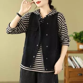 DIMANAF 2024 Новая весенняя куртка без рукавов больших размеров женская повседневная джинсовая винтажная однотонная свободная куртка на пуговицах оверсайз жилет короткая куртка
