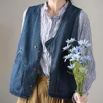 DIMANAF 2024 Новая весенняя куртка без рукавов больших размеров, женские джинсовые винтажные пальто, повседневные осенние свободные хлопковые пуговицы, жилет большого размера, короткая куртка