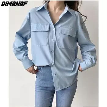 DIMANAF 2024 Новая весенняя однотонная женская блузка большого размера с длинными рукавами свободного дизайна большого размера, модная хлопковая рубашка