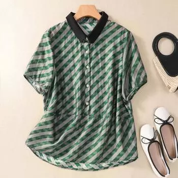 DIMANAF 2024, новая весенняя стильная блузка больших размеров, полосатая рубашка с короткими рукавами, винтажная тонкая женская свободная повседневная рубашка