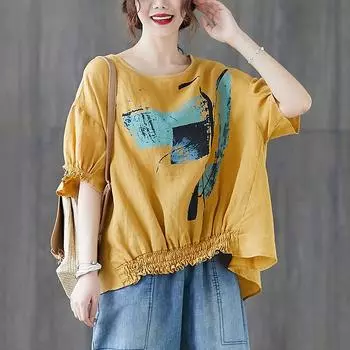 DIMANAF 2024, новая весенняя стильная блузка больших размеров, модная рубашка с коротким рукавом, женская свободная винтажная повседневная льняная рубашка