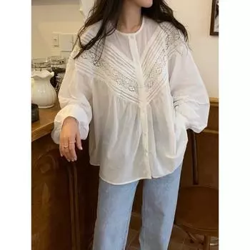 DIMANAF 2024, новая весенняя стильная блузка больших размеров, винтажный дизайн, кружевная блузка с длинными рукавами, белая повседневная рубашка, женская свободная рубашка