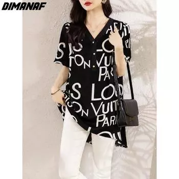 DIMANAF 2024, новая весенняя стильная блузка больших размеров, рубашка с коротким рукавом, женская свободная повседневная рубашка с буквенным принтом, черные топы